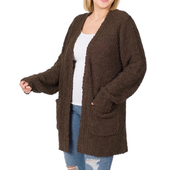 New Zenana- Super Soft Teddy Popcorn Chocolate Cardigan - Picture 3 of 14